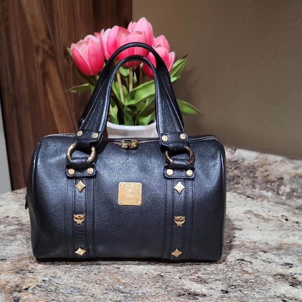 MCM EUC Boston Studded Bag Purse Black Leather Zip Top